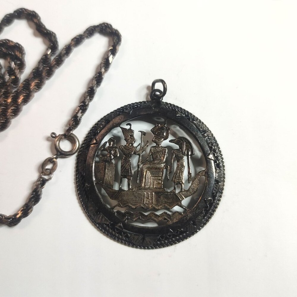 Egyptian Storyteller Round 925 Sterling Silver Vintage with Rope Chain